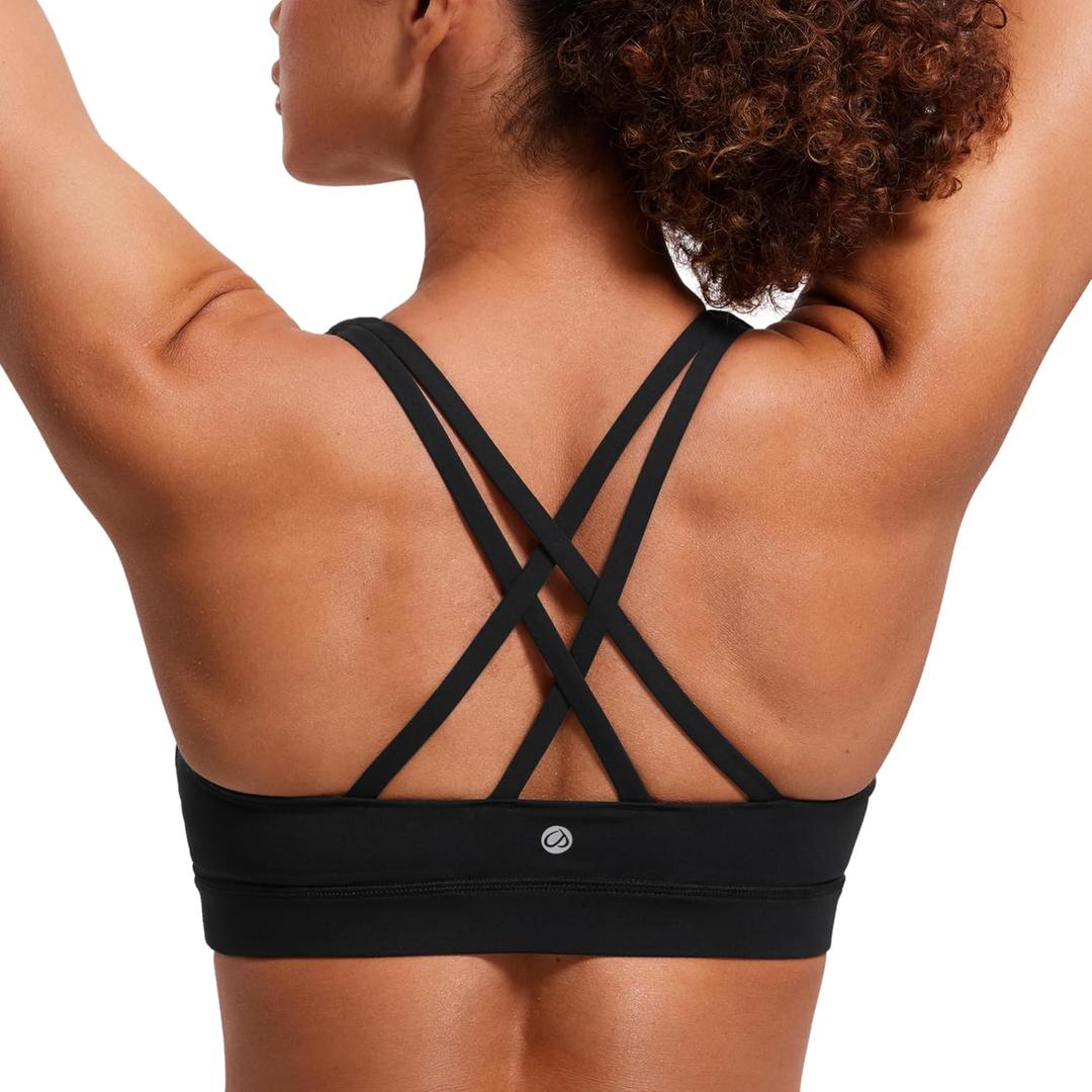 CRZ YOGA Women's Strappy Sports Bras Fitness Workout Padded Yoga Top Criss Cross Back Cami (Medium, Black)