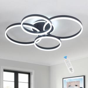 Modern LED Ceiling Light 4-Rings Dimmable 34 Black Ceiling Lamp with Remote for Living Room, Metal Circle Flush Mount Chandelier Lighting for Dining Room(110W 3000K-6500K)