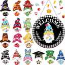 Qunclay 31 Pcs Diamond Painting Magnetic Interchangeable Gnome Sign DIY Holiday Seasonal Gnome Wooden Welcome Hanging Front Door Home Party Wreath Decoration with Magnet Detachable Hat and Hand