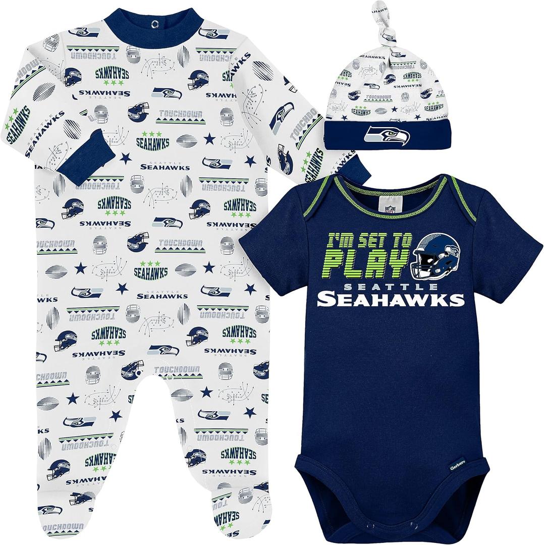 Gerber NFL Baby Boys' 3-Piece Bodysuit, Sleep 'n Play, & Cap Set (Blue)  0_3 month