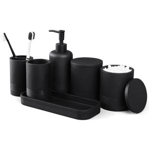 LIN CHUAN 6-Piece Bathroom Accessories Set, Organizer Set with Soap Dispenser, Toothbrush Holder Set, Vanity Tray, Tumbler & 2 Cotton Swab Jars  Modern Stylish Bathroom Storage(Matte Black)