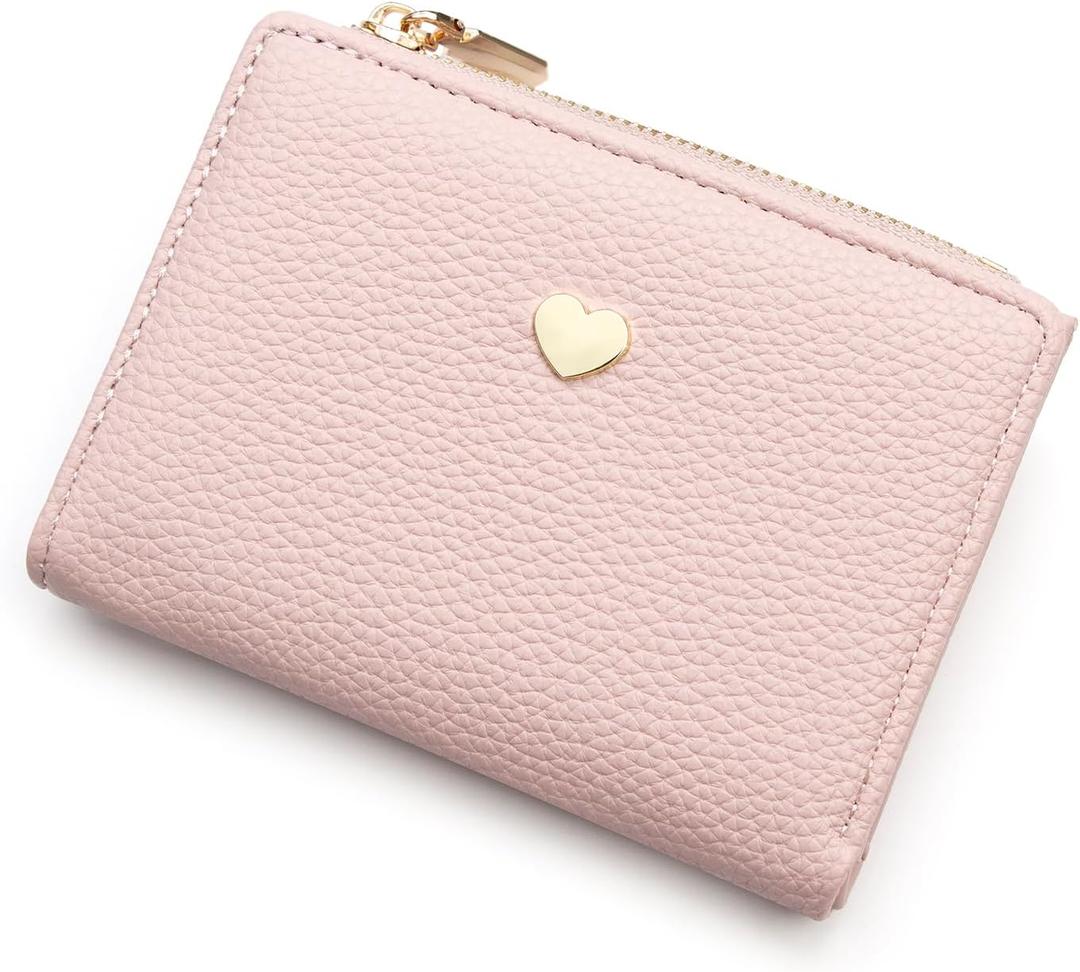 defway Small Card Wallet for Women - Slim Card Holder for Women, Small PU Wallet with 10 Card Slots & Coin Pocket, Compact Lychee Grain Purse, Heart Accent Gift (Pink)