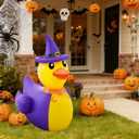 Hungdao 4ft Halloween Inflatable Witch Duck Halloween Golf Cart Decorations Kit PVC Blow Ups Duck Tinsel Garlands Tinsel Streamers Fan Flag, Reusable Outdoor Pool Floats Decoration for Parade Yard