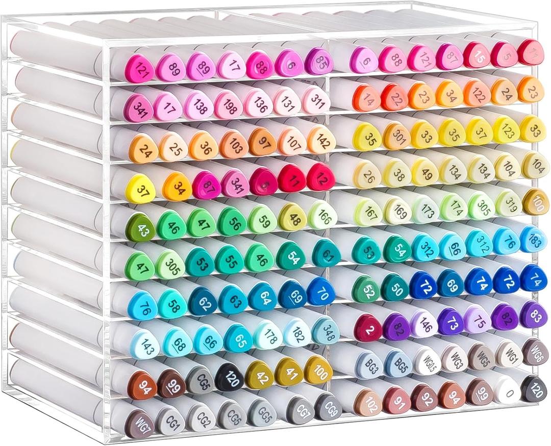 BEYGORM Horizontal Marker Organizer for 140 Markers, Acrylic Large Art Marker Storage Rack for Desk, Drawing Marker Organizer, Vertical Marker Holder Shelf for Acrylic Paint Pens