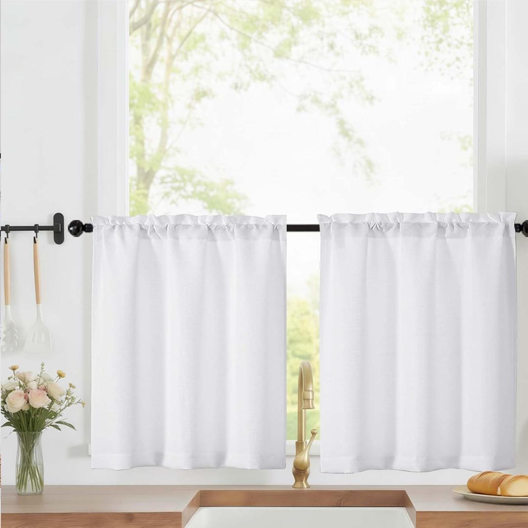 LIVEKID White Short Kitchen Curtains 24 Inch Length Tier Curtain 2 Panels - Faux Linen Textured Cafe Curtain, Light Filtering Small Windows Curtains for Bathroom Basement, 30" W x 24" L