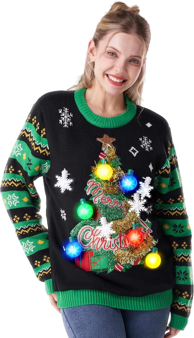 Giggling Getup Ugly Christmas Sweater with Light, LED Ugly Christmas Sweater for Women Men Kids 2025 Christmas Tree(Green)