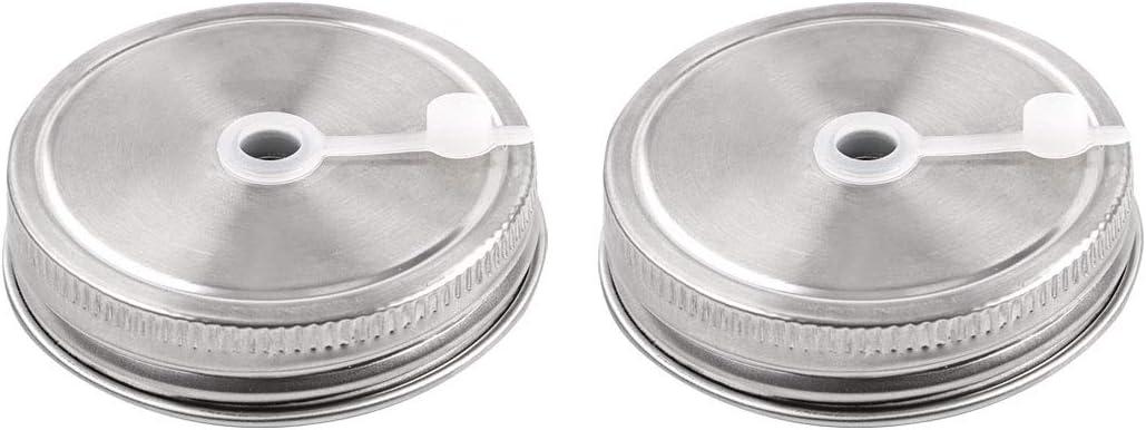 uxcell 2pcs Stainless Steel Wide Mouth Mason Jars Lids with Straw Hole Canning Lids for Drinking & Food Storage