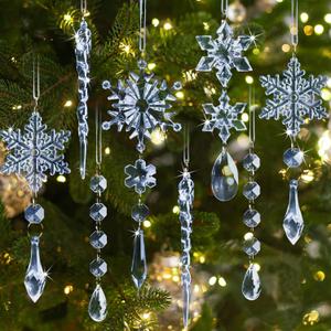 18pcs Crystal Christmas Ornaments for Christmas Tree Decorations- Light Blue Hanging Acrylic Snowflake and Icicle Ornaments with Drop Pendants for New Year Party Decorations Supplies