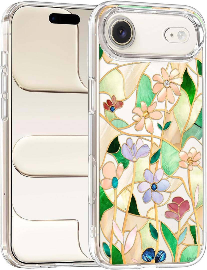Unov for iPhone Air Case, Clear with Design, Slim Fit Good Grip, Embossed Phone Case, Shockproof Protective Cover, Raised Camera Protection, Soft TPU, Stained Glass Flower