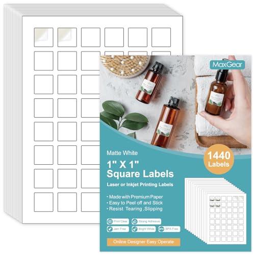 MaxGear 1" x 1" Square Labels, for Inkjet or Laser Printer, Matte White Printable Sticker Paper Labels Sheets, Strong Adhesive, Dries Quickly, Holds Ink Well, 1440 Pcs