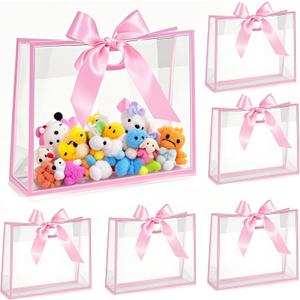 ZJHiome 8pcs Large Clear Gift Bags with Handles,Reusable PVC Gift Bag with Ribbon Bow for Graduation Christmas Easter Wedding Baby Shower Birthday Party Small Business (Pink)