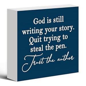 Luipk God Is Still Writing Your Story Navy Blue Wood Box Sign Desk Decor 5X5, Christian Scripture Bible Verse Prayer Room Block Sign Decorations for Home Office Wall Tabletop Shelf Decor