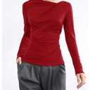 SweatyRocks Women's Ruched Long Sleeve Tops Asymmetrical Neck Fitted T Shirts Work Top Red Medium