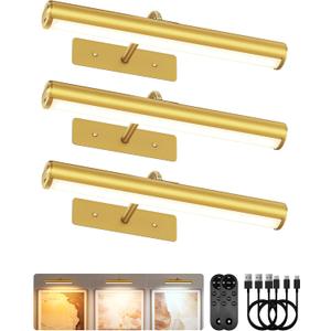 EZVALO 13in Wireless Picture Lights, 4000mAh Rechargeable Art Light with Remote, Dimmable 3 Color Temps, Battery Operated Wall Light for Living Room, Gallery, Painting (Gold, 3 Pack)