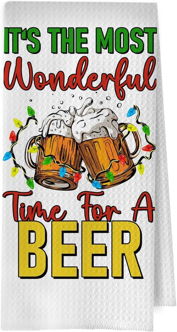 Christmas Beer Kitchen Towels - Beer Gifts Waffle Decorative Dish Towels, Christmas Drinkers Hand Tea Towel for Kitchen Bar Cart, 16x24 Inches