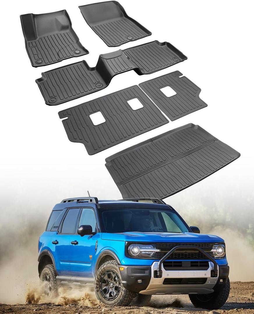 Floor Mats for Ford Bronco Sport: 2021 2022 2023 2024 2025 All Weather Car Accessories for Bronco Sport 4-Door, 6PCS TPE Rubber Backrest Liner Fit for Bronco Sport (w/Full Size Spare Tire)