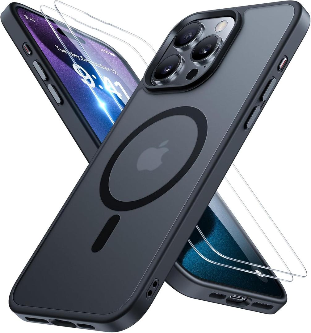 Miracase 2025 Upgraded Magnetic for iPhone 15 Pro Max Case [Compatible with MagSafe] [with 2X Screen Protectors] Military-Grade Protection, Anti-Fingerprint, Slim Case for iPhone 15 Pro Max - Black