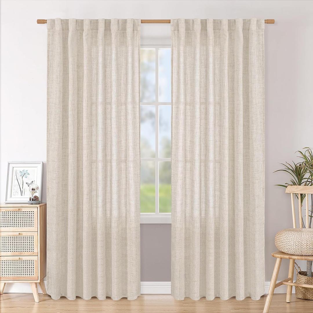 BGment Curtains 84 Inch Length 2 Panels Set for Living Room, Natural Linen Light Filtering Drapes Semi Sheer with Rod Pocket and Back Tab Textured for Dining Farmhouse Bedroom, 52 X 84 Inch