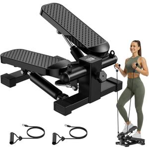 Mini Stair Stepper with Resistance Bands for Exercise at Home, Portable Under Desk Twist Steppers for Office, Workout Equipment for Full Body Workout, 220lb Weight Capacity, LED Display (Black)