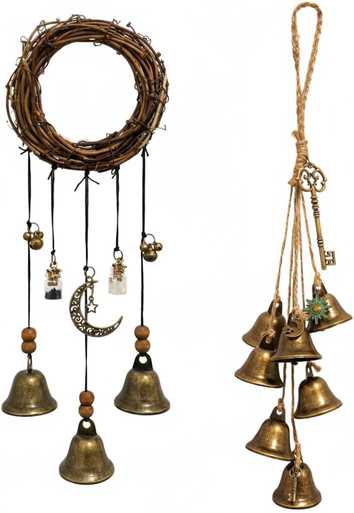 Set of 2 Witch Bells for Door  Featuring a Moon Wreath + Vintage Key, Said to Ward Off Negative Energy; Witches Bells Hanger for Front Door, Entryway & Doorknob; Witchy Decor