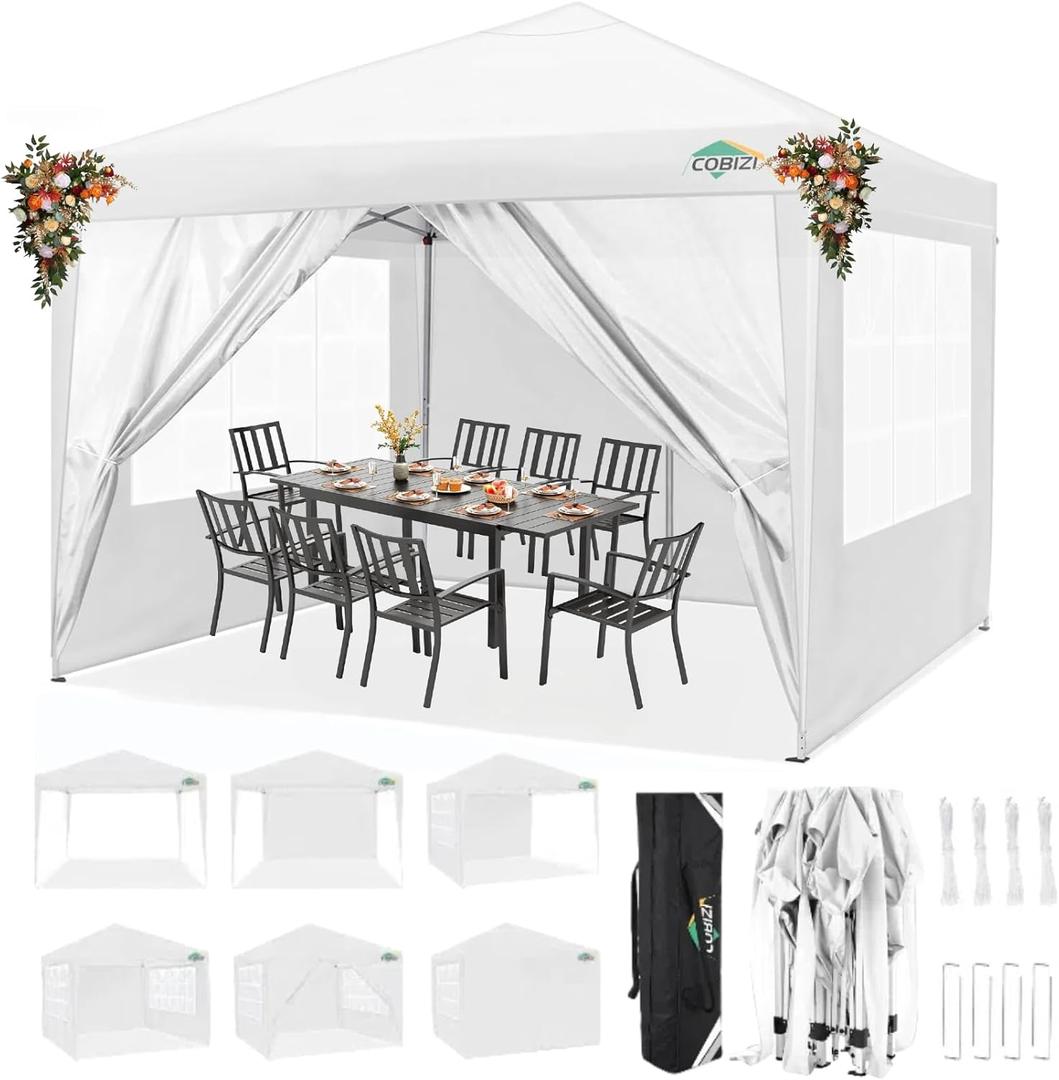 COBIZI 10x10 Pop Up Canopy Tent with 4 Removable Sidewalls, Waterproof Outdoor Commercial Easy Set Up Gazebo Tent Canopy Tents for Party/Exhibition/Picnic with Carry Bag,8 Stakes & 4 Ropes (White