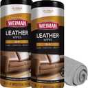Weiman Leather Cleaner & Conditioner - Cleans, Restores & Protects Leather, UV Protection Prevent Cracking & Fading, For Car Seats, Sofas, Shoes, Bags & All Finished Leather Surfaces, 2 Pack, 60 Wipes