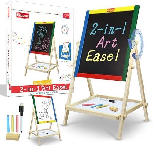 Kidzlane Art Easel for Kids 2-4 - Wooden Toddler Easel - Double Sided Standing Chalkboard/Dry Erase Board for Kids - Toddler Drawing Board with Accessories - 25.75 Inches Blackboard and Whiteboard