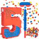 Number 5 Birthday Pinata for Kids, Spider Theme Pinata 16 Inch with Stick, Blindfold & Confetti, Superhero Party Decorations for Boys and Girls (5th)