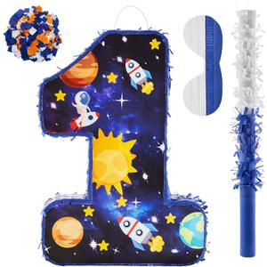 Lewtemi Number 1 Pinata for 1nd Birthday Party Decorations Birthday Pinata with Stick Eye Mask Baby Shower Decorations Party Supplies(Outer Space)