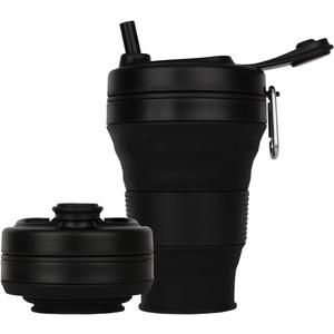 Silicone Coffee Cup with Straw lid Collapsible Cups for Traveling 20oz Lightweight Folding Water Mug for Picnic Hicking Camping Climbing (Black)