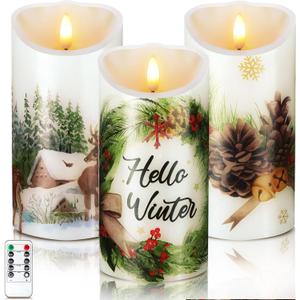 ROCEEI 3 Pcs Winter Forest Candles Battery Operated LED Candles Winter Forest Style Pillar Flickering Real Wax Decorations for Indoor Holiday Party Table Decor