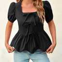 Tankaneo Womens Summer Peplum Babydoll Tops Square Neck Short Puff Sleeve Blouses Cute Ruffle Bow Shirts Black (Black, S)
