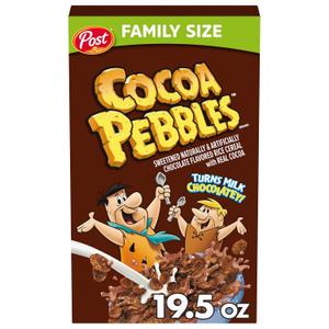 Cocoa PEBBLES Cereal, Chocolatey Kids Crunch, Gluten Free Sweetened Rice Crunch, 19.5 oz Family Size Cereal Box (EXP 06/08/26)