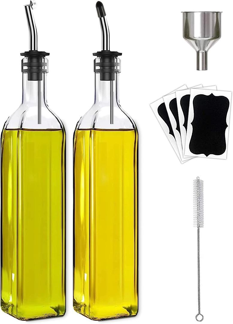 Olive Oil Dispenser Bottle, 2 Pcs Glass Olive Oil Dispenser and Vinegar Dispenser Set with 2 Stainless Steel Pourers, 4 Labels,1 Brush and 1 Funnel Oil Bottles for Kitchen (500ml) (2 Pcs Transparent)