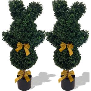 Easter Bunny Topiary 36'' Artificial Bunny-Shaped Topiary Double Ball Tree Pot Easter UV-Resistant Bowknot Faux Boxwood Topiaries Plant for Porch Decor Outdoor/Indoor 2 Pack