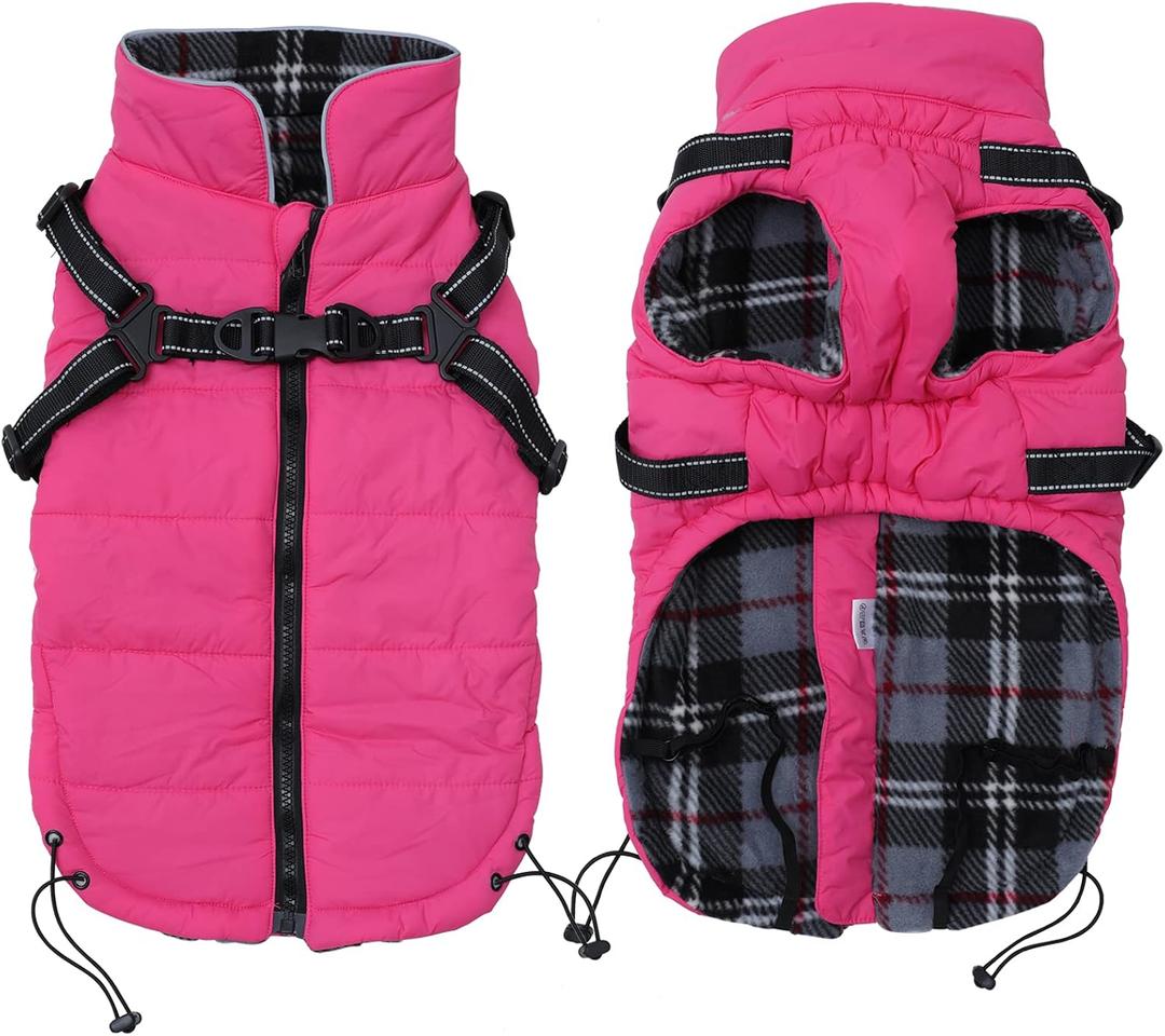 Geyecete Winter Warm Coat Waterproof Dog Winter Jacket with Harness Traction Belt,Pet Outdoor Jacket Dog Autumn and Winter Clothes for Dog-Pink-XXL