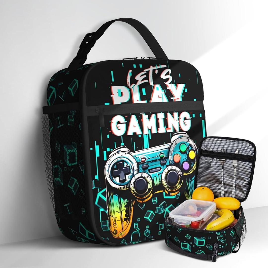 Video Game Lunch Bag for Boys Girls Kids Teenage Colorful Green Gamepad Boys Lunch Box Reusable Insulated Games Lunchbox Waterproof Leakproof Portable Game School Lunch Boxes