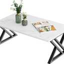 Coffee Table White Living Room Center Table, Simple Modern Faux Marble Rectangular Tea Table with Sturdy Black Metal Frame,Industrial Wooden Coffee Table for Bedroom Home Office