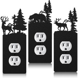 Lothee 3 Pcs Bear Light Switch Cover Plate Black Outlet Plate Cover Bear Elk Forest Mountain House Wall Light Outlet Decorative for Office Bedroom Home, Duplex Toggle(Exquisite)
