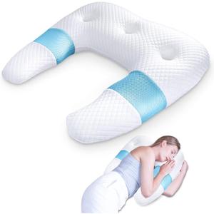 SAHEYER Side Sleeper Pillows for Adults, U Shaped Body Pillow for Pain Relief, Orthopedic Memory Foam Shoulder Pillow for Side,Stomach, Back, Arm with Removable Washable Cover (Upgraded Version), Blue (25.59x 23.93x4.72/2.36 inch), White