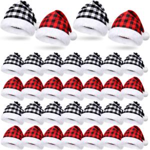 Jexine 48 Pcs Santa Hats Bulk Christmas Buffalo Plaid Hat Plush Christmas Costume Hats for Xmas Holiday Parties Events Gift(Red Black and White Black Plaid)