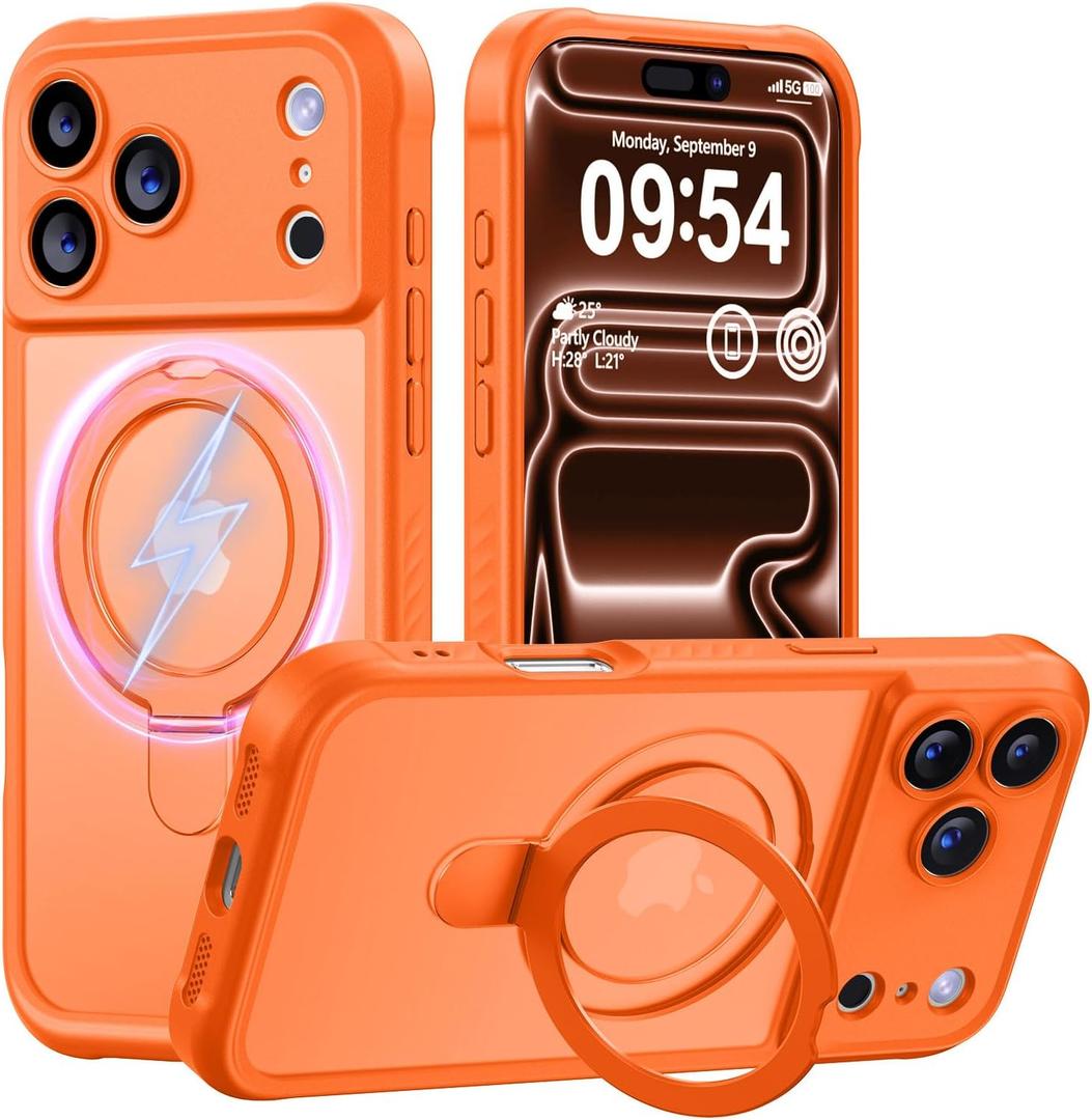 MOCCA Design for iPhone 17 Pro Case, Compatible with Magsafe [Premium Invisible Magnetic Ring Stand] [Military Drop Protection] Full Camera Guard Translucent Matte Slim Phone Cover 6.3",Orange