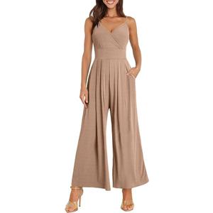Jumpsuits for Women 2025 Summer Dressy Spaghetti Strap Ribbed V Neck Wide Leg Overalls Flowy Romper Jumpers Outfits M