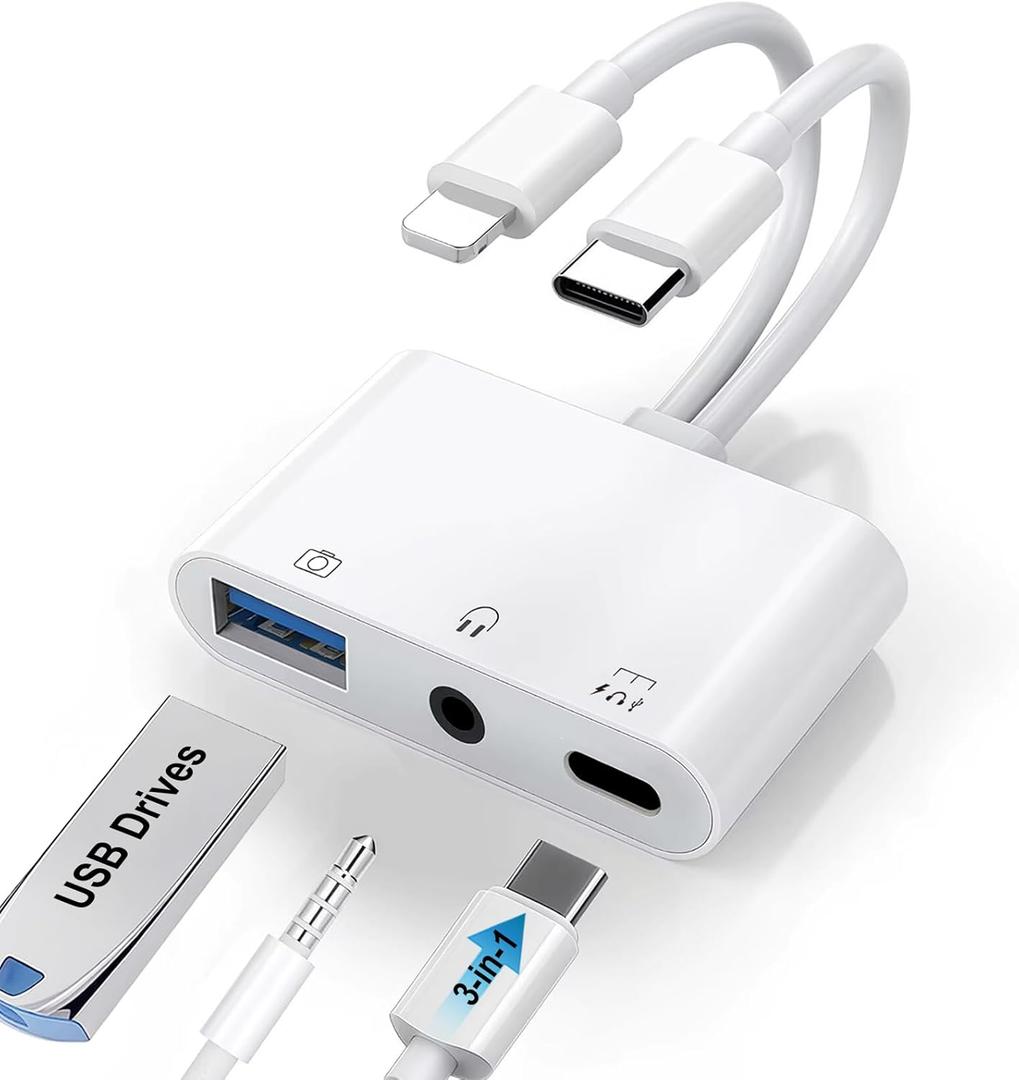USB C & Lighting to 3.5mm Headphone Adapter, 3-in-1 USB OTG Camera Adapter & Aux Headphone Splitter, Supports Charging/Audio/Data Transfer for iPhone 17/16/15/14/13/12, Samsung Galaxy S25/24, Laptops