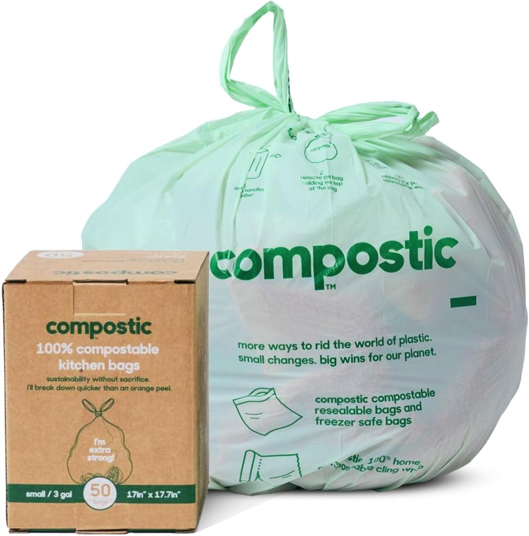 Compostic Home Compostable Trash Bags, 3 Gallon Small Kitchen Rubbish Bags (17 x 17.7), Extra Strong & Quickly Breaks Down, 50 Count