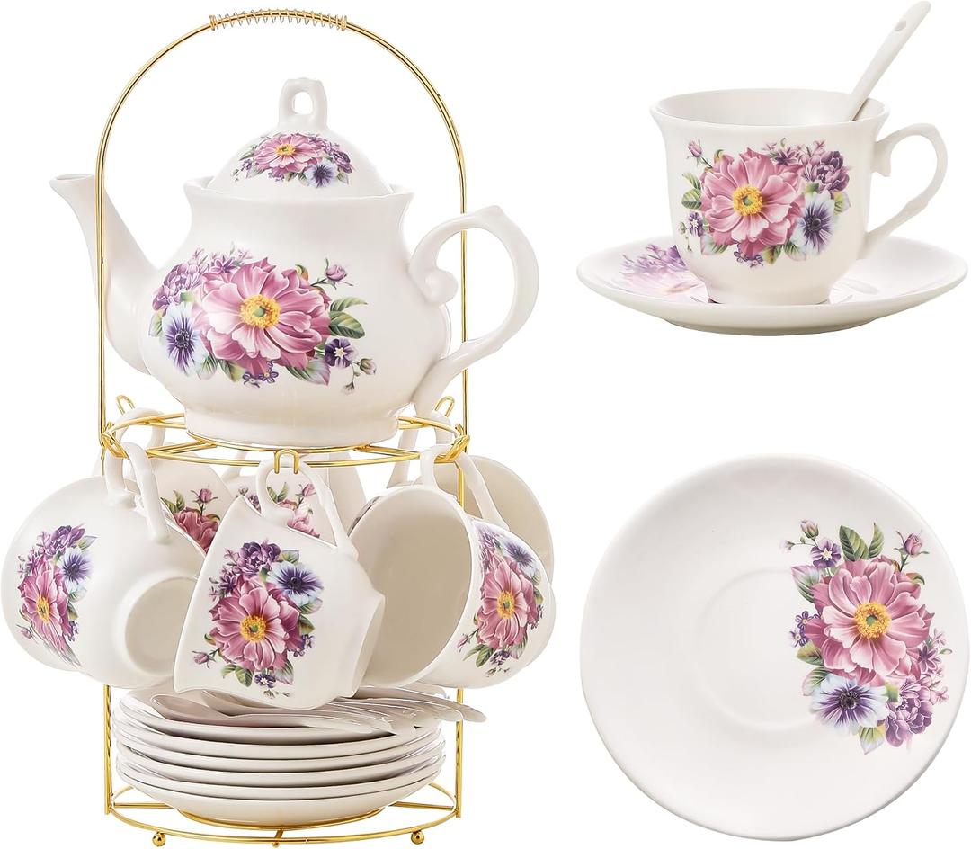 20-Pieces Tea Set For Adult with Golden Metal Rack,Porcelain Tea Sets For Women,Tea Gift Sets for Home&Party(K018)