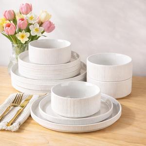 GBHOME Stoneware Dinnerware Sets for 4, 12 Pieces Lightweight Ceramic Ribbed Plates and Bowls Set, Reactive Glaze Stackable Plate Sets, Scratch Resistant Dishes, Microwave & Dishwasher Safe,White