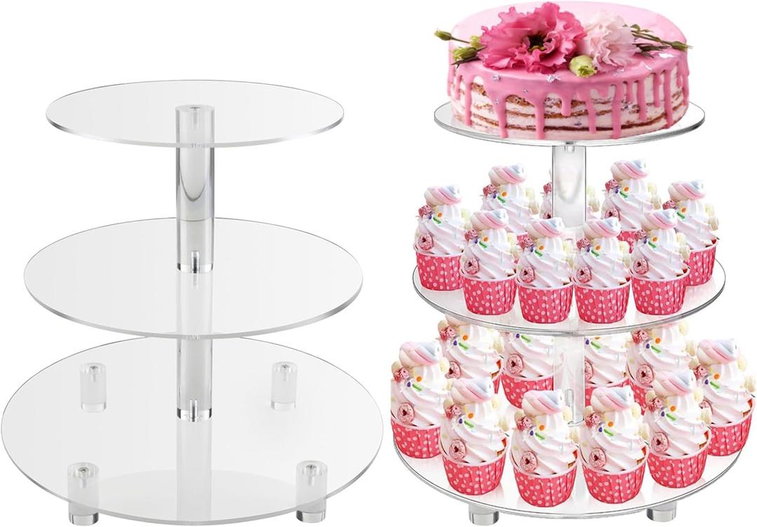 3 Tiers Round Cupcake Stand, Acrylic Cake Tower Stand Holder Macaron Display Rack Cookie Candy Buffet Desserts Platter with Base for Baby Shower, Birthday Party, Wedding, Party (3-Tiers with Base)