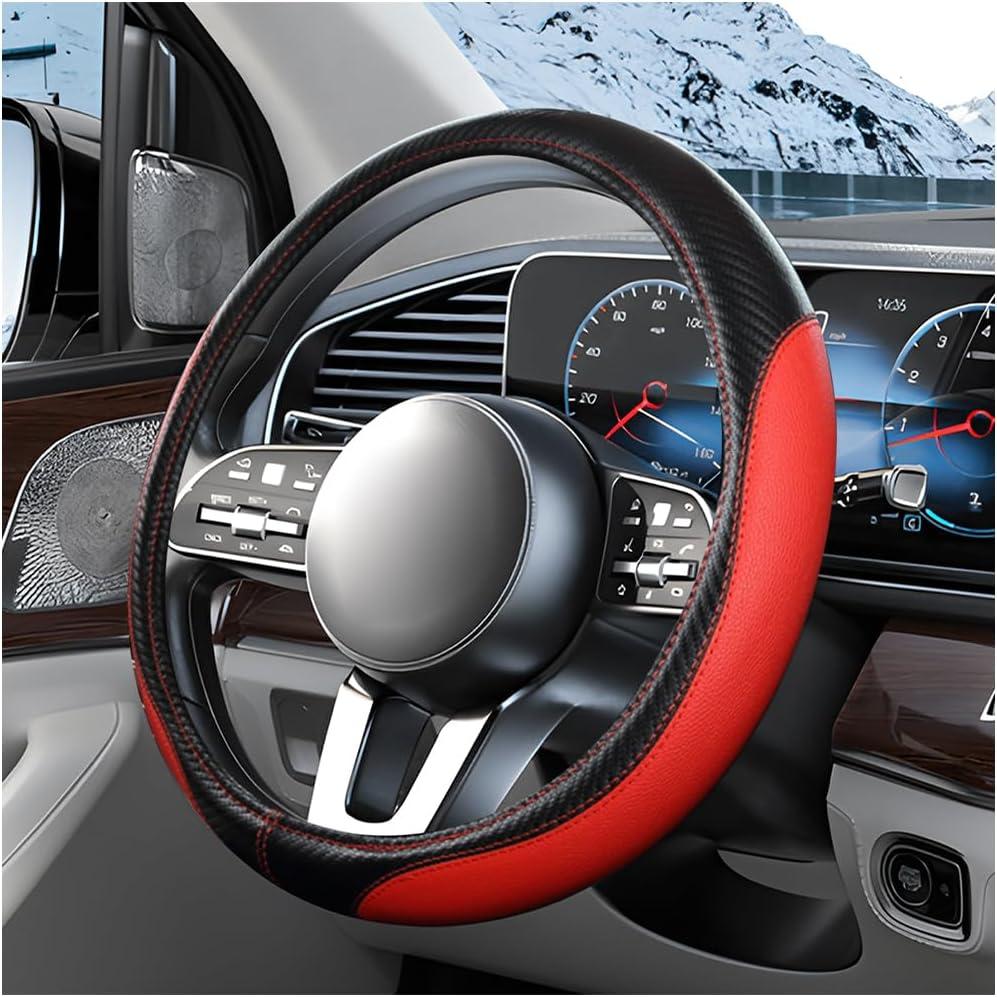 Car Steering Wheel Cover, 15" Anti-Slip Leather Carbon Fiber Texture Vehicle Steering Wheel Protector, Breathable Automotive Interior Accessories, Universal Fit (Black/Red)