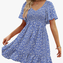 Womens Cute Floral Smocked V Neck Flutter Sleeve Sundress with Pockets Casual Spring Summer Dresses for Women 2025, Medium 